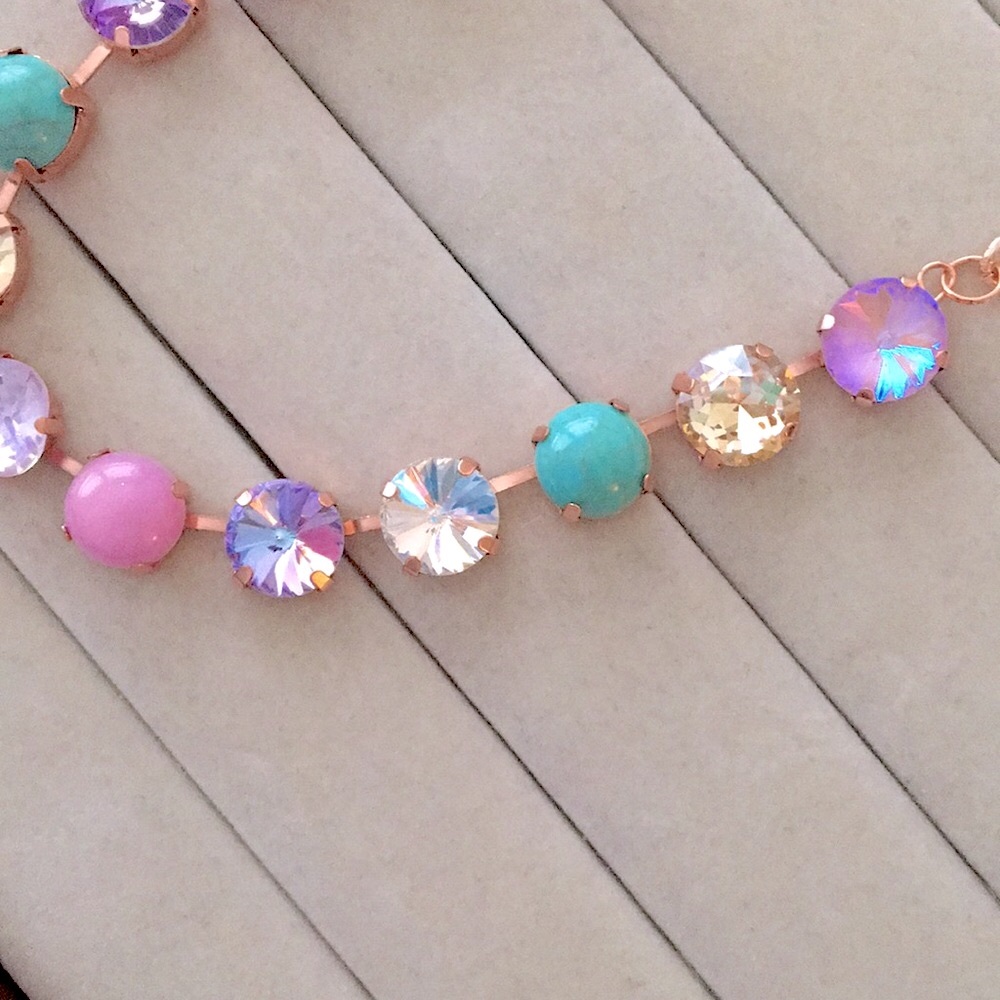 Turquoise, Violet Purple,Pink +Champagne Topaz Rose Gold Crystal Tennis Necklace - Picture 10 of 13